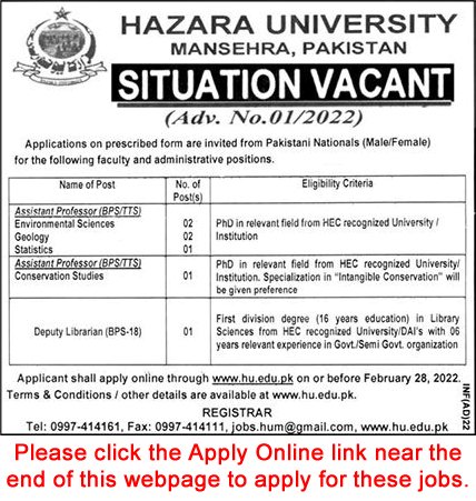 Hazara University Mansehra Jobs 2022 February Apply Online Teaching Faculty & Deputy Librarian Latest