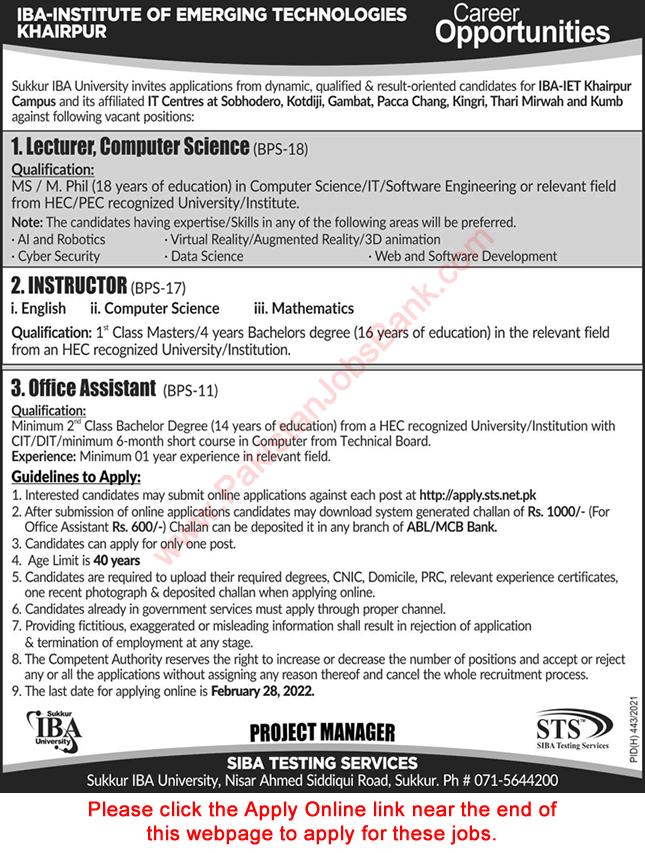 IBA Institute of Emerging Technologies Khairpur Jobs 2022 February Apply Online Latest