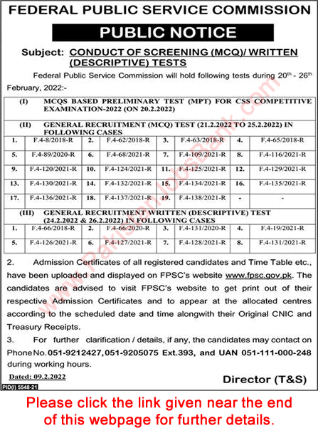 FPSC Written Test Schedule 2022 February Roll Number Slip & Syllabus Download Latest