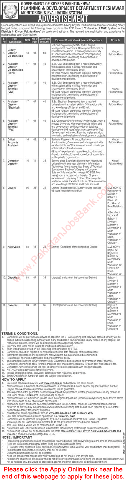 Planning and Development Department KPK Jobs 2022 February ETEA Apply Online Latest