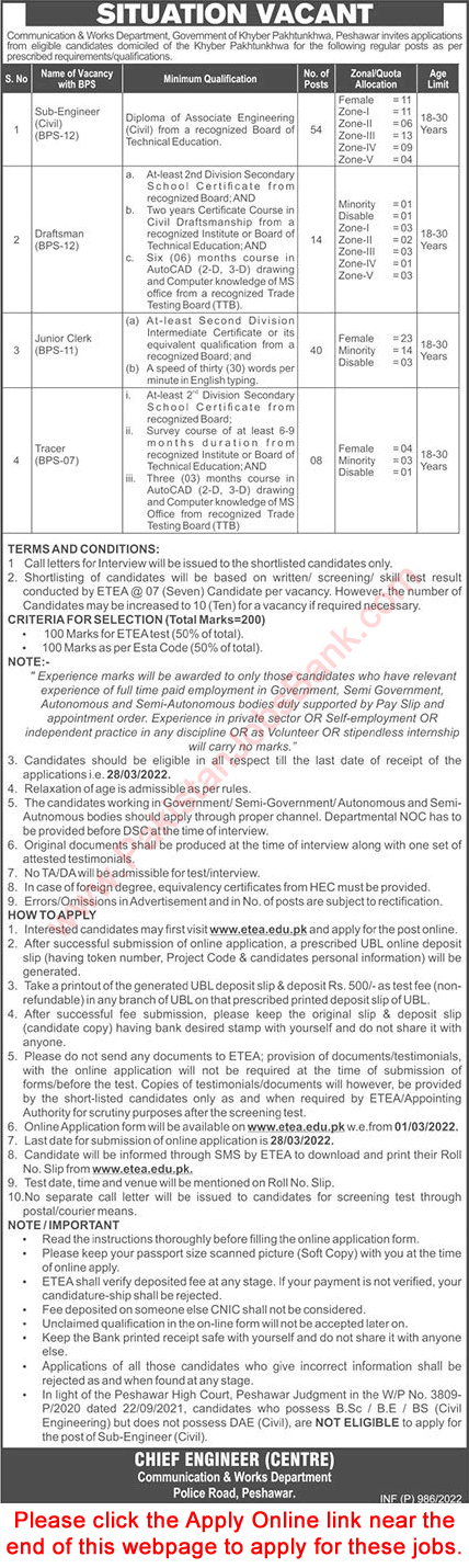 Communication and Works Department Peshawar Jobs 2022 February KPK ETEA Apply Online Sub Engineers, Clerks & Others Latest