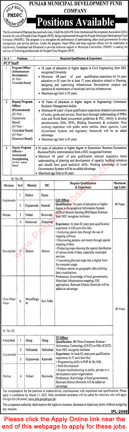 Punjab Municipal Development Fund Company Jobs February 2022 PMDFC Apply Online Latest