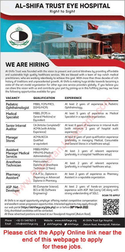 Al Shifa Trust Eye Hospital Rawalpindi Jobs 2022 February Apply Online Store Manager, Pharmacy Assistant & Others Latest