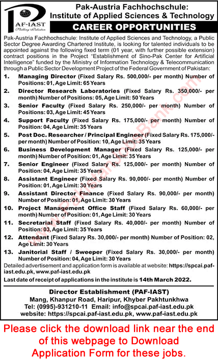 PAF IAST Haripur Jobs 2022 February Application Form Pak-Austria Fachhochschule Institute of Applied Sciences and Technology Latest