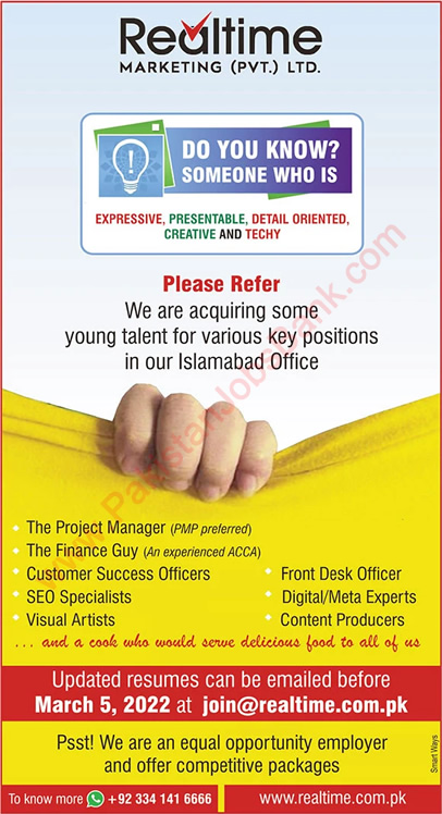 Realtime Marketing Pvt Ltd Islamabad Jobs 2022 February Customer Success Officers, Front Desk Officer & Others Latest