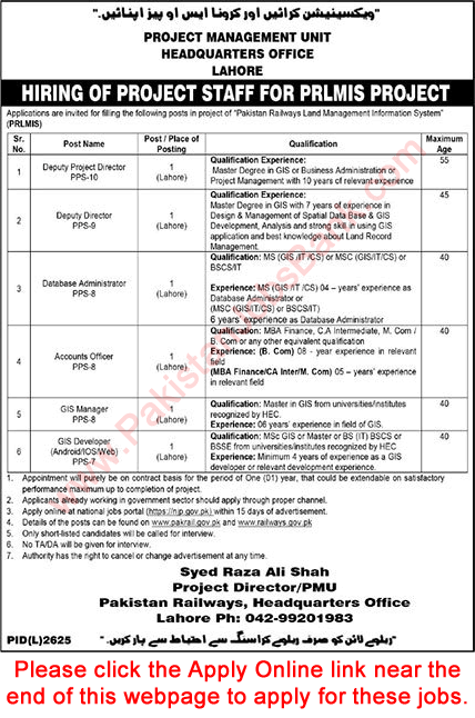 Pakistan Railways Lahore Jobs March 2022 Apply Online PRLIMS Project Latest