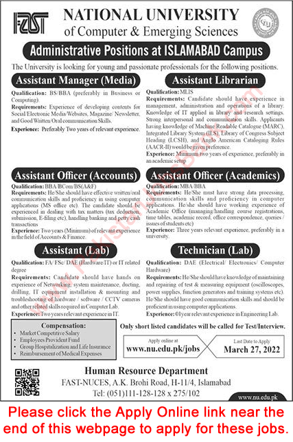 FAST National University Islamabad Jobs 2022 March Apply Online Lab Assistant / Technician & Others Latest