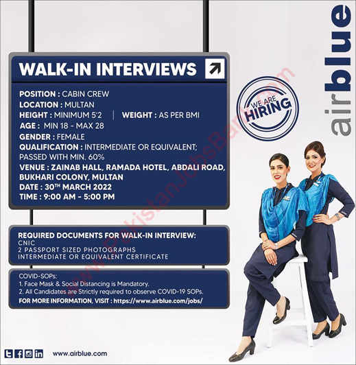 Airhostess Jobs in Air Blue March 2022 Female Cabin Crew Walk in Interview Latest