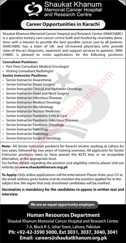 Shaukat Khanum Hospital Karachi Jobs April 2022 Medical Instructors & Consultants Latest