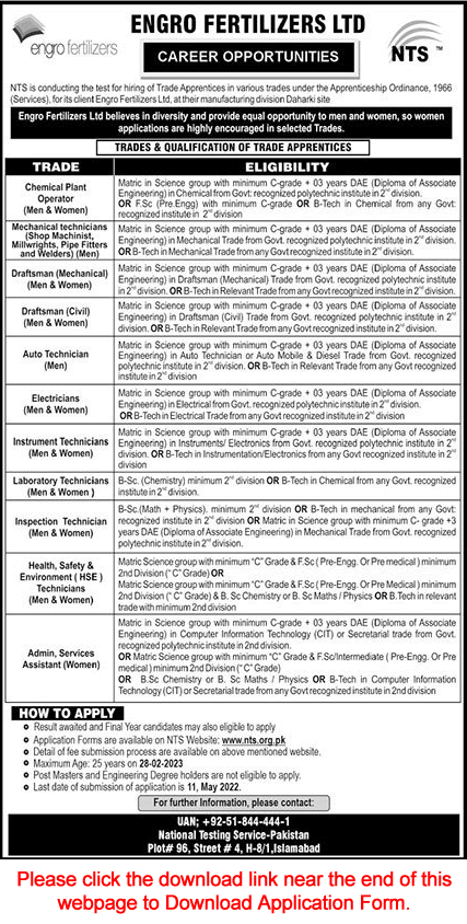 Engro Fertilizer Apprenticeship 2022 April NTS Application Form Download Latest