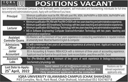 Iqra University Islamabad Jobs 2022 April Lecturers, Lab Assistant & Others Latest