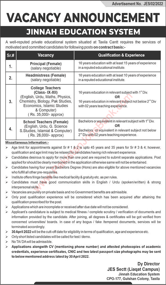 Jinnah Education System Taxila Cantt Jobs April 2022 Teachers, Headmistress & Principal Latest