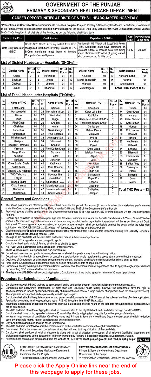 Data Entry Operator Jobs in Primary and Secondary Healthcare Department Punjab April 2022 Online Apply Latest