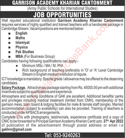 Teaching Jobs in Garrison Academy Kharian Cantt 2022 April Latest