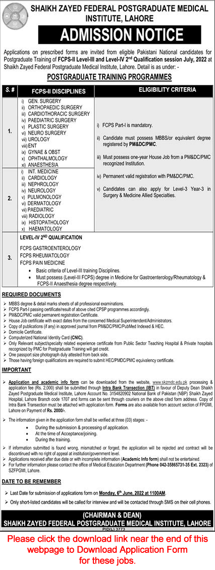 Shaikh Zayed Federal Postgraduate Institute Lahore FCPS Postgraduate Training 2022 May / June Application Form Latest