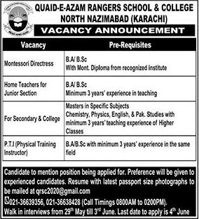 Quaid e Azam Rangers School and College Karachi Jobs May 2022 June Teachers Latest