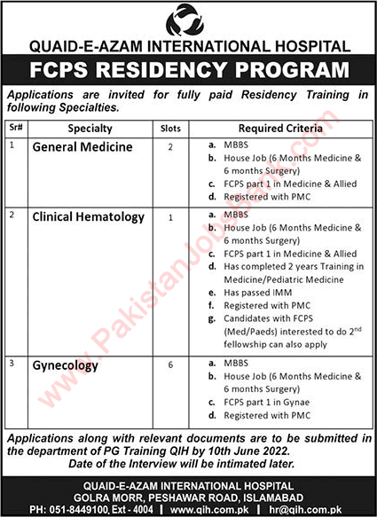 Quaid e Azam International Hospital Islamabad FCPS Residency Training Program 2022 May / June Latest