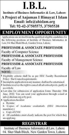 Institute of Business Informatics & Law Lahore Jobs 2022 May / June Teaching Faculty Latest