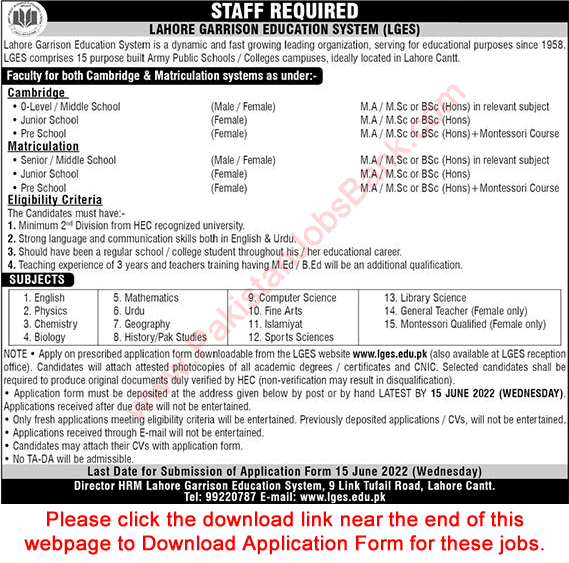 Lahore Garrison Education System Jobs June 2022 Application Form Teachers LGES Latest