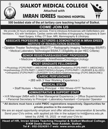Sialkot Medical College Jobs June 2022Teaching Faculty & Others Imran Idress Teaching Hospital Latest