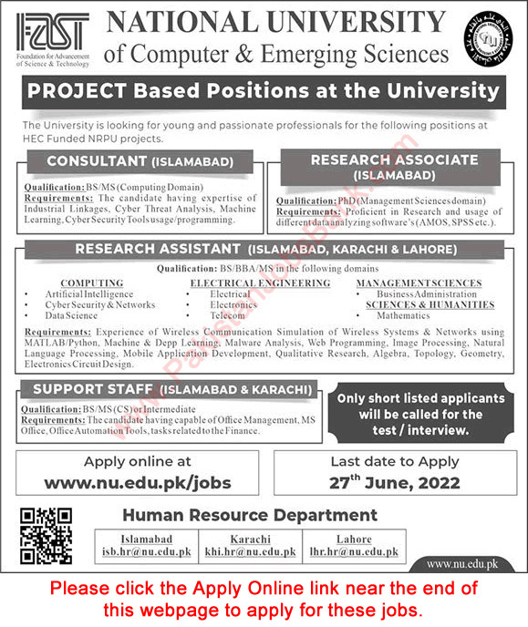 FAST National University Jobs June 2022 Apply Online Research Assistants / Associate & Consultant Latest