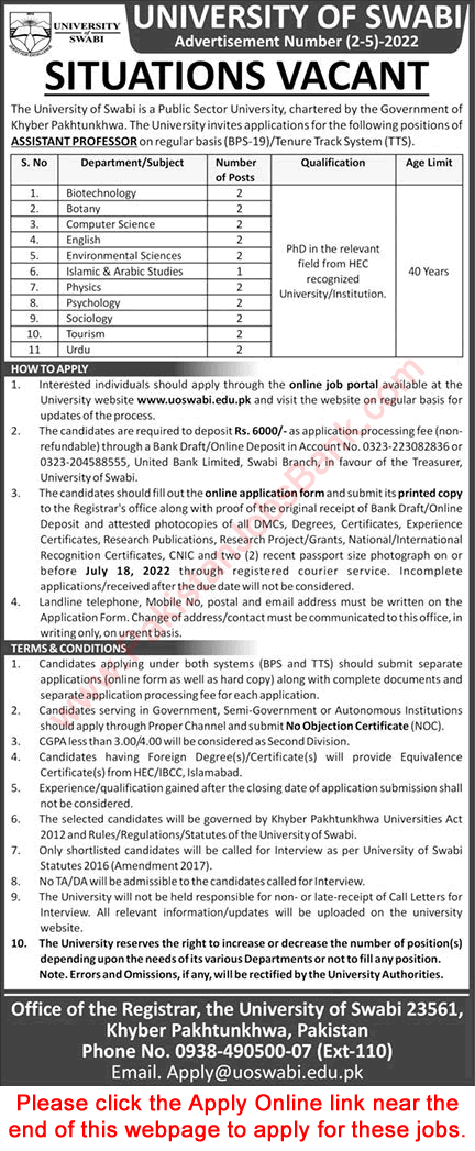 Assistant Professor Jobs in University of Swabi June 2022 Online Apply Latest