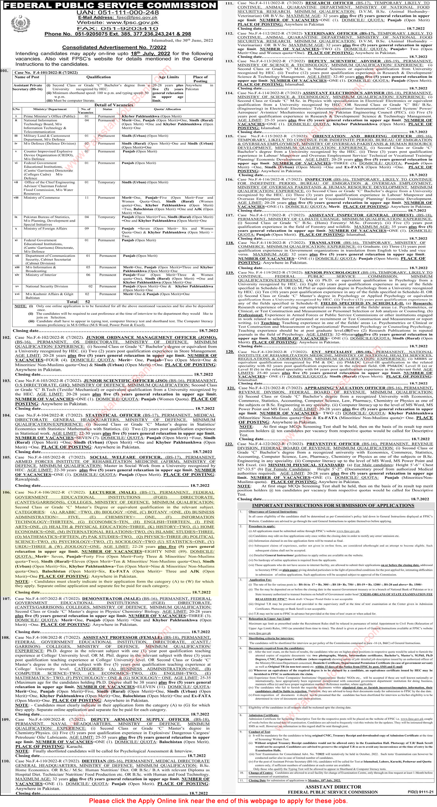 Lecturer Jobs in Federal Government Educational Institutions Cantt Garrison July 2022 FPSC Apply Online Latest