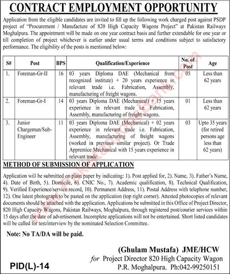 Pakistan Railways Lahore Jobs 2022 July Moghalpura Foreman & Sub Engineers Latest