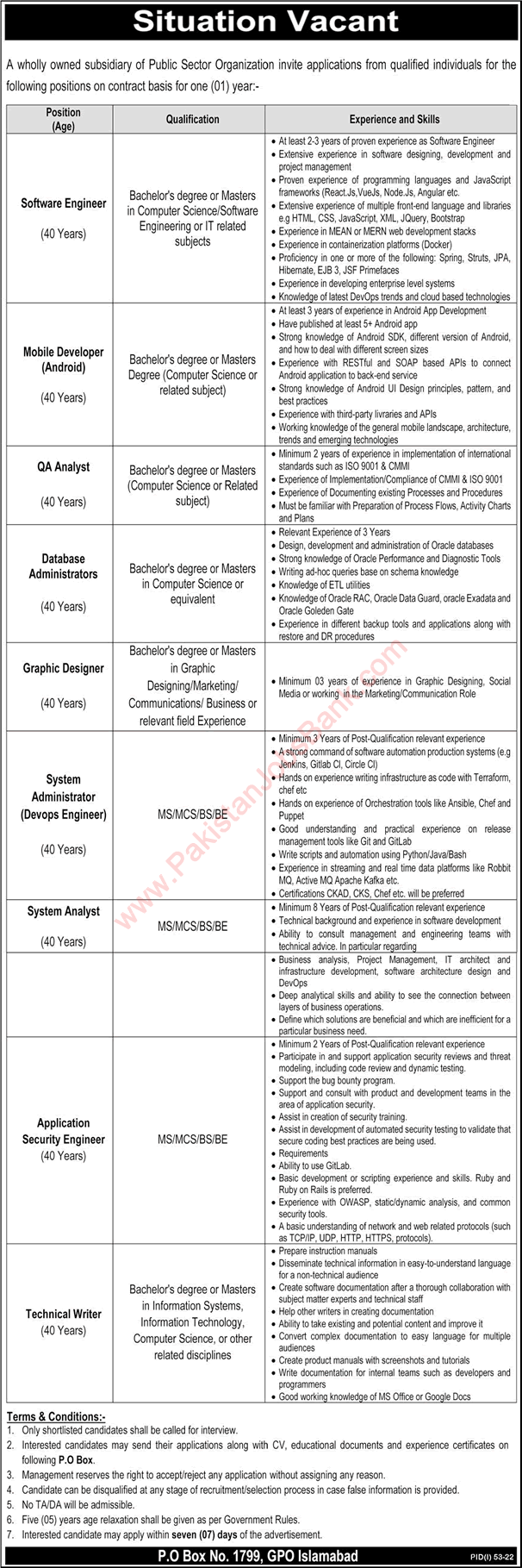 PO Box 1799 GPO Islamabad Jobs July 2022 Software Engineer, Graphic Designer & Others Public Sector Organization Latest