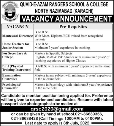 Quaid e Azam Rangers School and College Karachi Jobs July 2022 Teachers & Others Latest