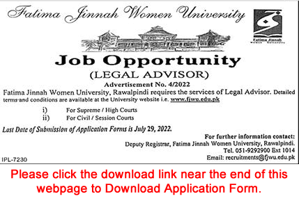 Legal Advisor Jobs in Fatima Jinnah Women University 2022 July Application Form Latest