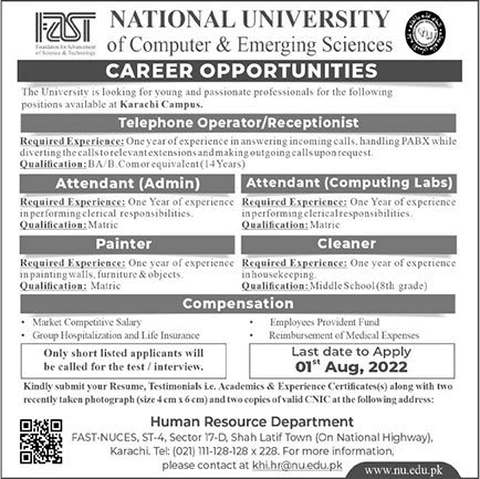 FAST National University Karachi Jobs July 2022 Telephone Operator & Others Latest