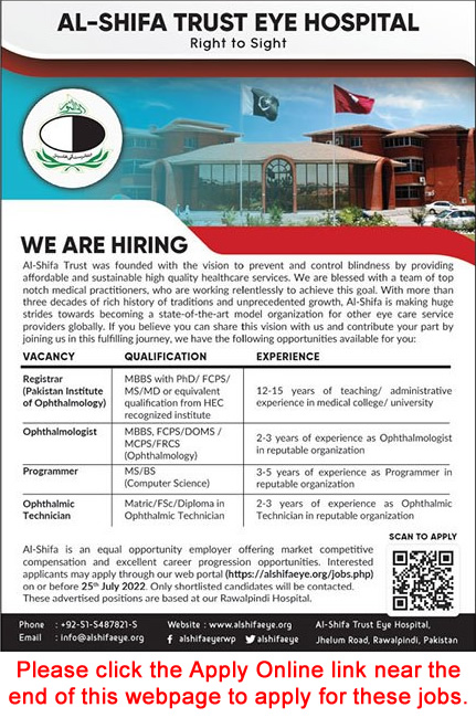 Ali Shifa Trust Eye Hospital Rawalpindi Jobs July 2022 Apply Online Latest