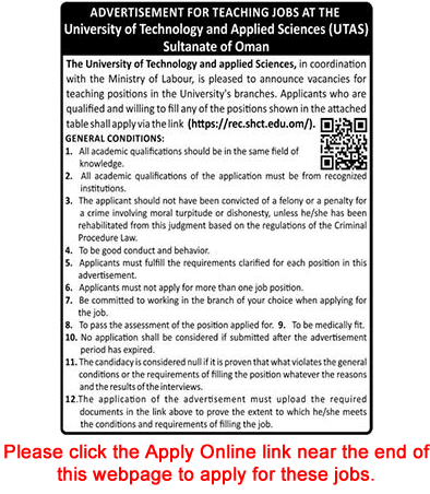 Teaching Jobs in University of Technology and Applied Sciences Oman 2022 July Apply Online UTAS Latest