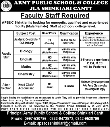 Army Public School and College JLA Shinkiari Cantt Jobs 2022 July Teachers & Others Latest