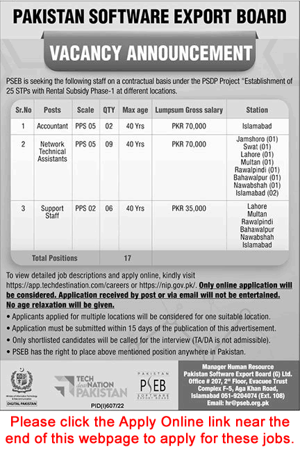 Pakistan Software Export Board Jobs July 2022 August Apply Online Network Technical Assistants & Others PSEB Latest