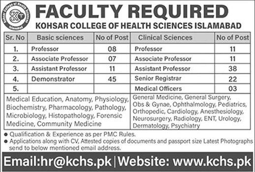 Kohsar College of Health Sciences Islamabad Jobs 2022 August Teaching Faculty & Others Latest