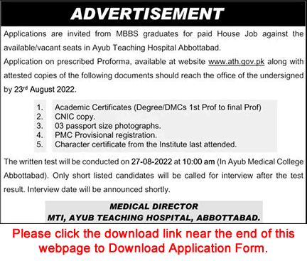 Ayub Teaching Hospital Abbottabad House Job Training 2022 August MTI Application Form MBBS Graduates Latest