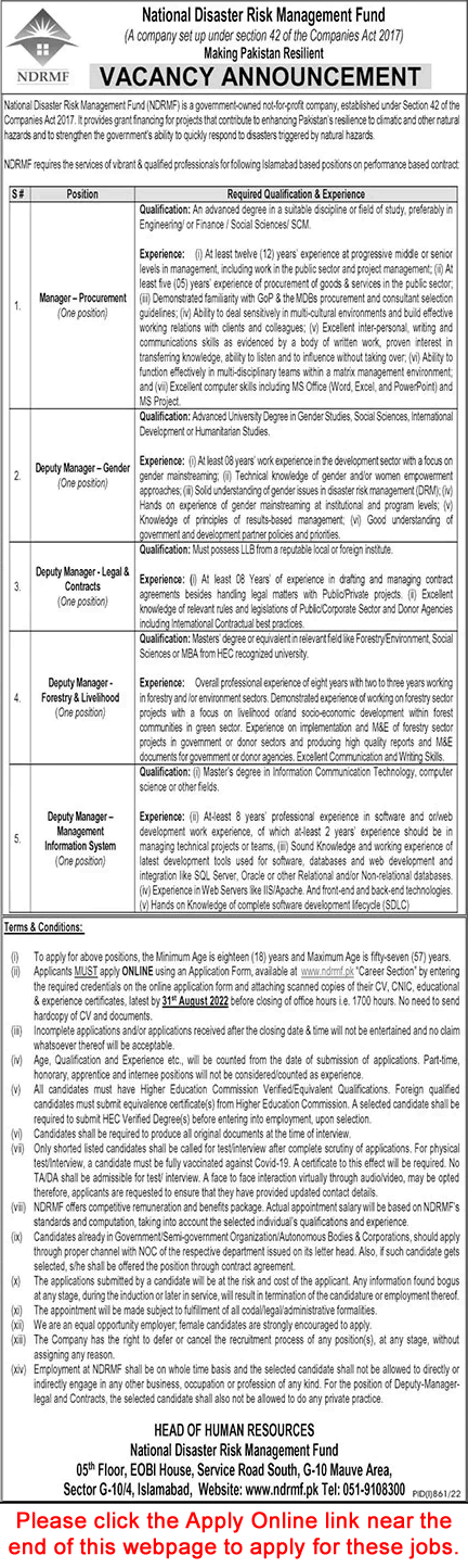 National Disaster Risk Management Fund Jobs August 2022 Apply Online Deputy / Managers NDRMF Latest