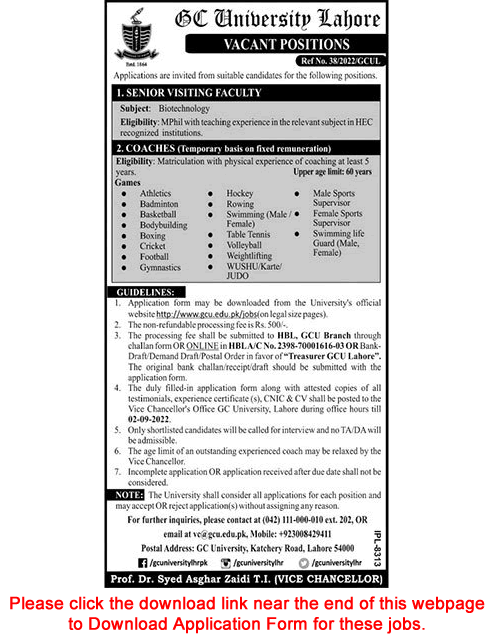 GC University Lahore Jobs August 2022 Application Form GCU Coaches & Visiting Faculty Latest