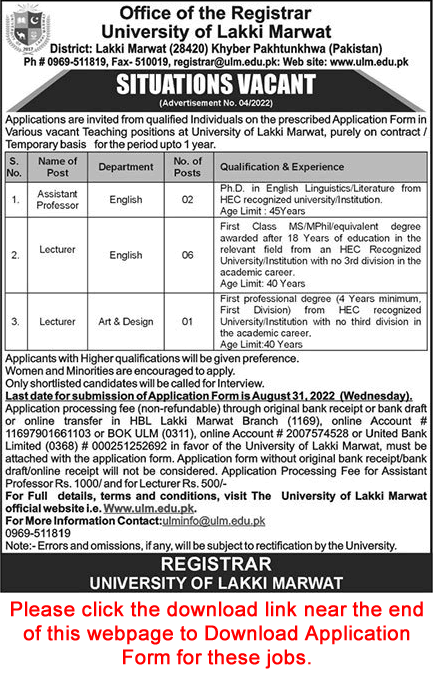 University of Lakki Marwat Jobs 2022 August Application Form Teaching Faculty Latest