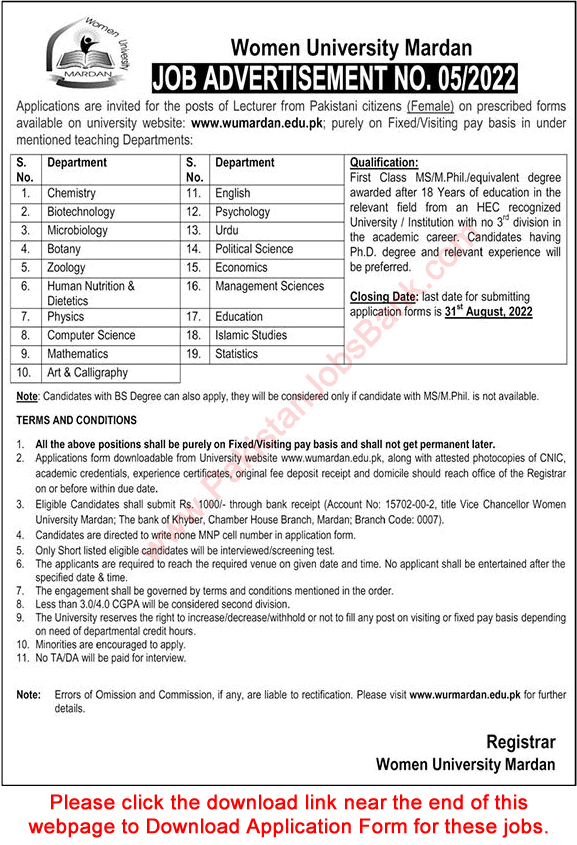 Lecturer Jobs in Women University Mardan 2022 August Application Form Latest