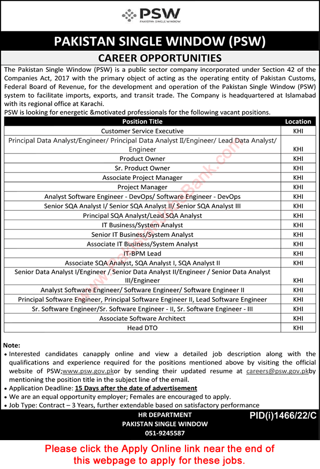 Pakistan Single Window Karachi Jobs September 2022 PSW Apply Online Software Engineers, Analysts & Others Latest