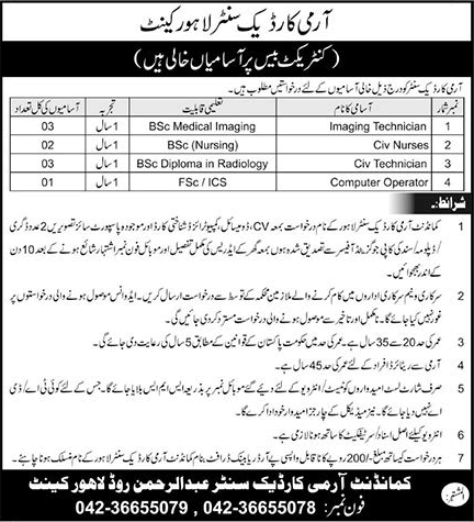 Army Cardiac Center Lahore Cantt Jobs September 2022 Nurses & Others Latest