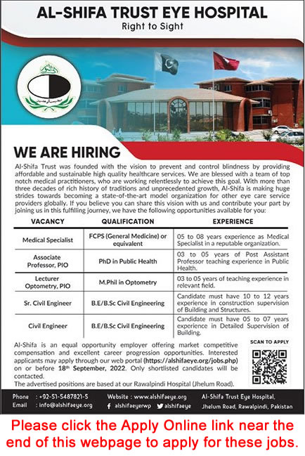 Al Shifa Trust Eye Hospital Rawalpindi Jobs September 2022 Apply Online Teaching Faculty & Others Latest