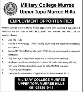 Military College Murree Jobs September 2022 Psychologist & Maths Instructor Latest