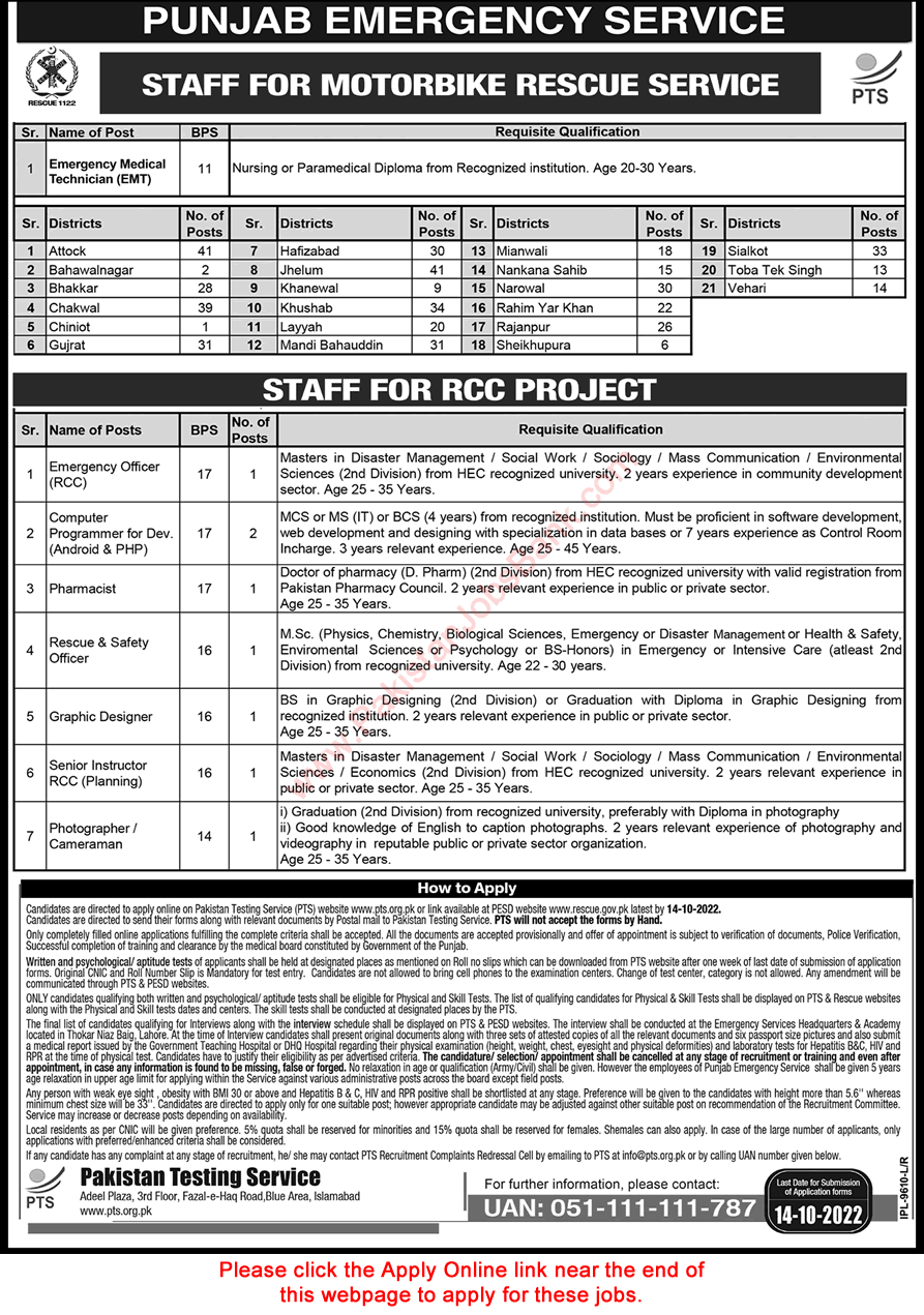 Rescue 1122 Jobs September 2022 PTS Apply Online Emergency Medical Technicians & Others Latest