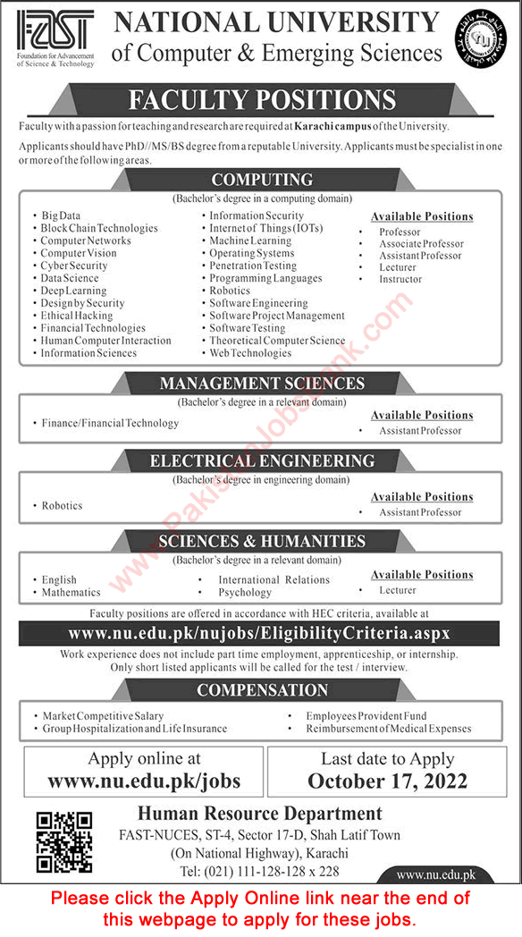 Teaching Faculty Jobs in FAST National University Karachi Campus October 2022 Online Apply Latest