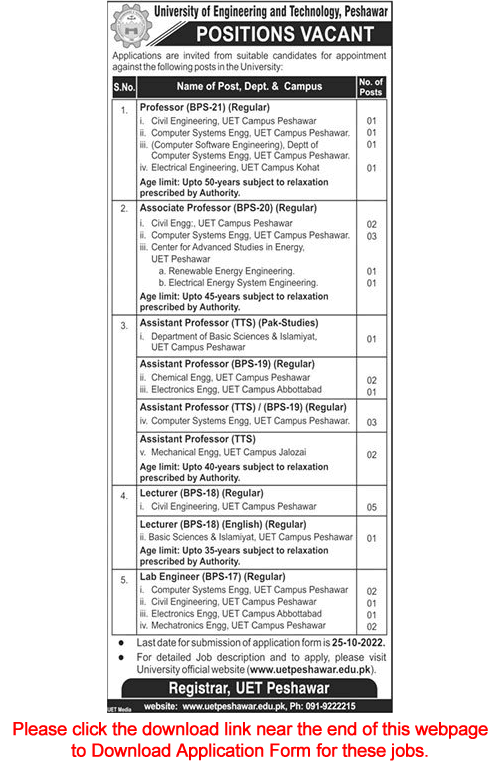 UET Peshawar Jobs October 2022 Application Form University of Engineering and Technology Latest