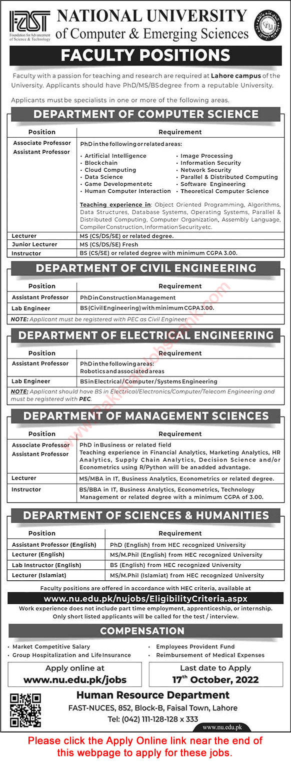 FAST National University Lahore Jobs October 2022 Apply Online Teaching Faculty & Others Latest